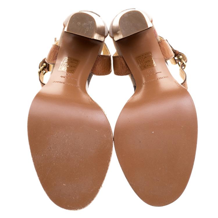 Pre Owned Burberry Brown Leather and Housecheck Fabric Ankle Strap Sandals Size 38