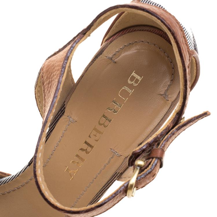 Pre Owned Burberry Brown Leather and Housecheck Fabric Ankle Strap Sandals Size 38