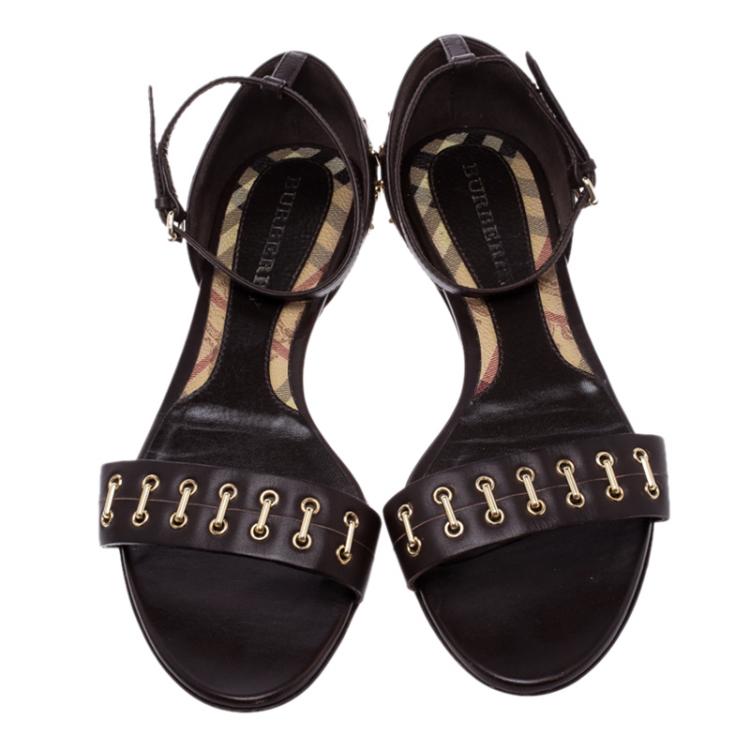 Pre Owned Burberry Brown Leather Ankle Strap Open Toe Flat Sandals Size 38