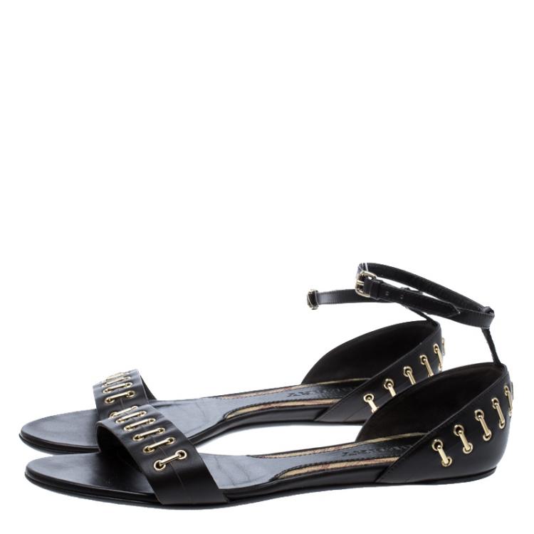 Pre Owned Burberry Brown Leather Ankle Strap Open Toe Flat Sandals Size 38