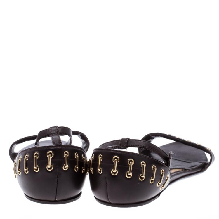 Pre Owned Burberry Brown Leather Ankle Strap Open Toe Flat Sandals Size 38