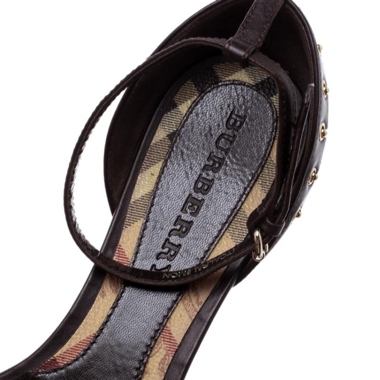 Pre Owned Burberry Brown Leather Ankle Strap Open Toe Flat Sandals Size 38