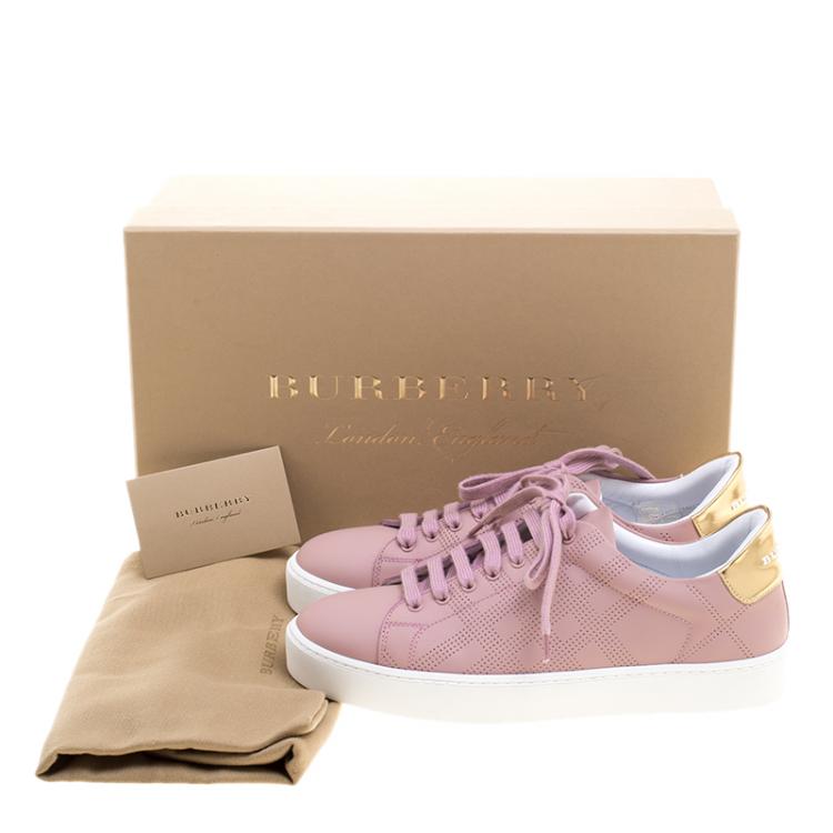Pre Owned Burberry Blush Pink Perforated Check Leather Westford Sneakers Size 37