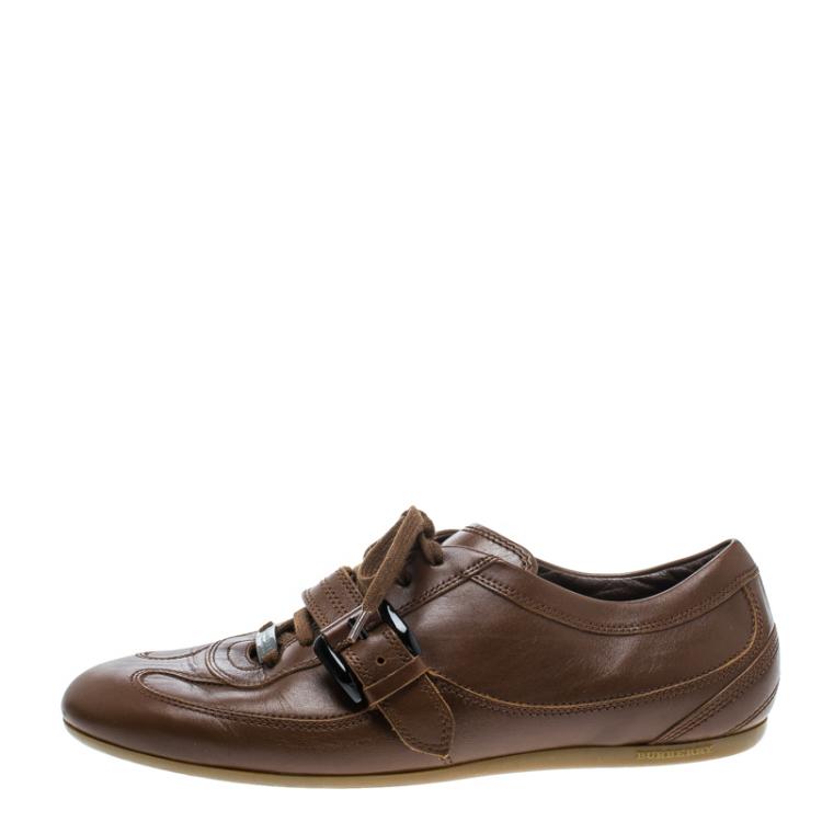 Pre Owned Burberry Brown Leather Buckle Detail Low Top Sneakers Size 38