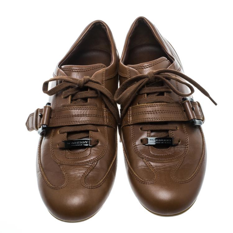 Pre Owned Burberry Brown Leather Buckle Detail Low Top Sneakers Size 38