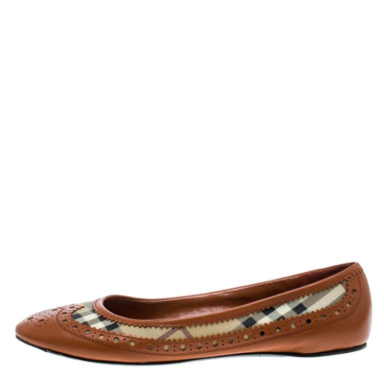 Pre Owned Burberry Orange Brogue Leather And Haymarket Check Canvas Tudor Ballet Flats Size 39
