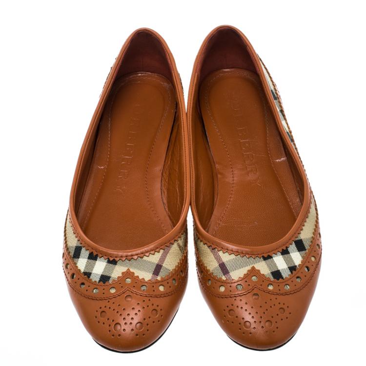 Pre Owned Burberry Orange Brogue Leather And Haymarket Check Canvas Tudor Ballet Flats Size 39