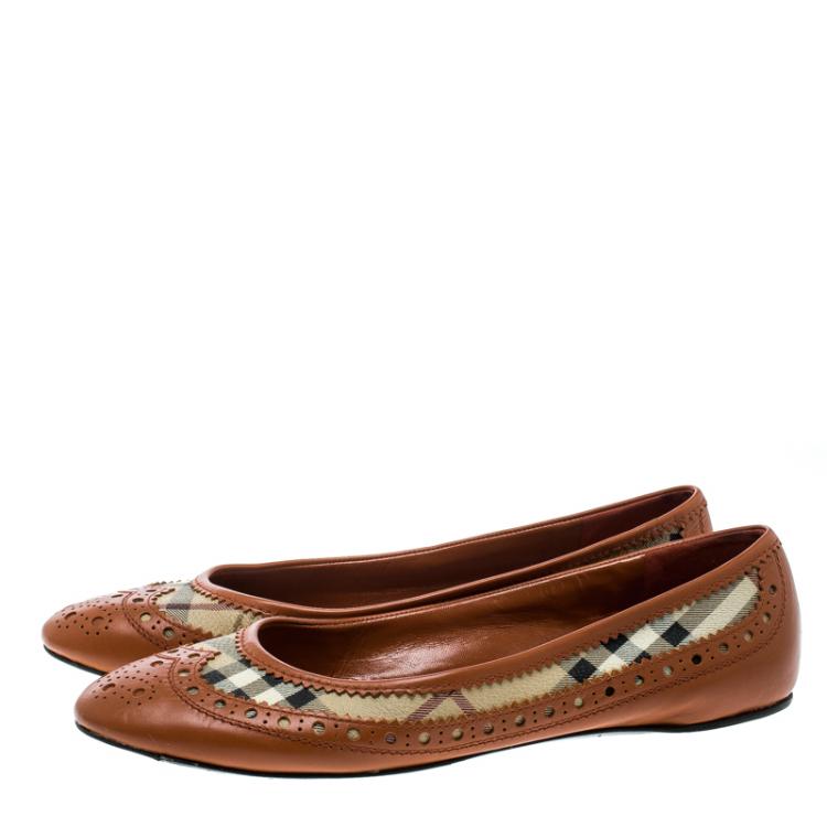Pre Owned Burberry Orange Brogue Leather And Haymarket Check Canvas Tudor Ballet Flats Size 39