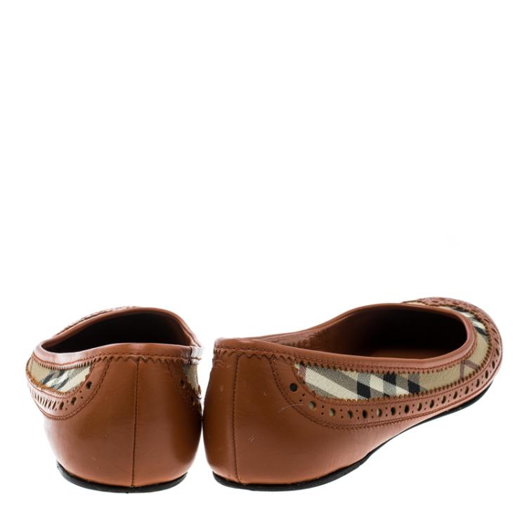 Pre Owned Burberry Orange Brogue Leather And Haymarket Check Canvas Tudor Ballet Flats Size 39
