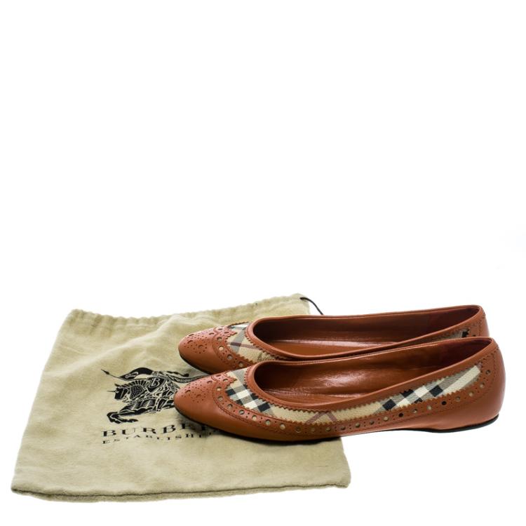 Pre Owned Burberry Orange Brogue Leather And Haymarket Check Canvas Tudor Ballet Flats Size 39