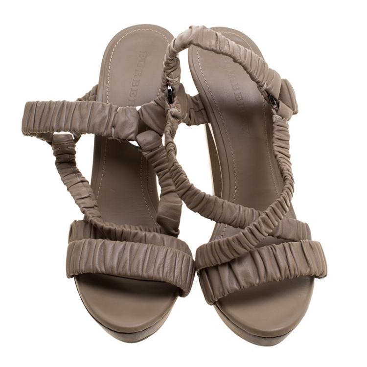 Pre Owned Burberry Beige Ruched Leather Cross Strap Platform Sandals Size 40.5