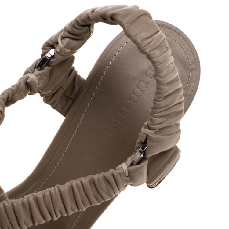 Pre Owned Burberry Beige Ruched Leather Cross Strap Platform Sandals Size 40.5