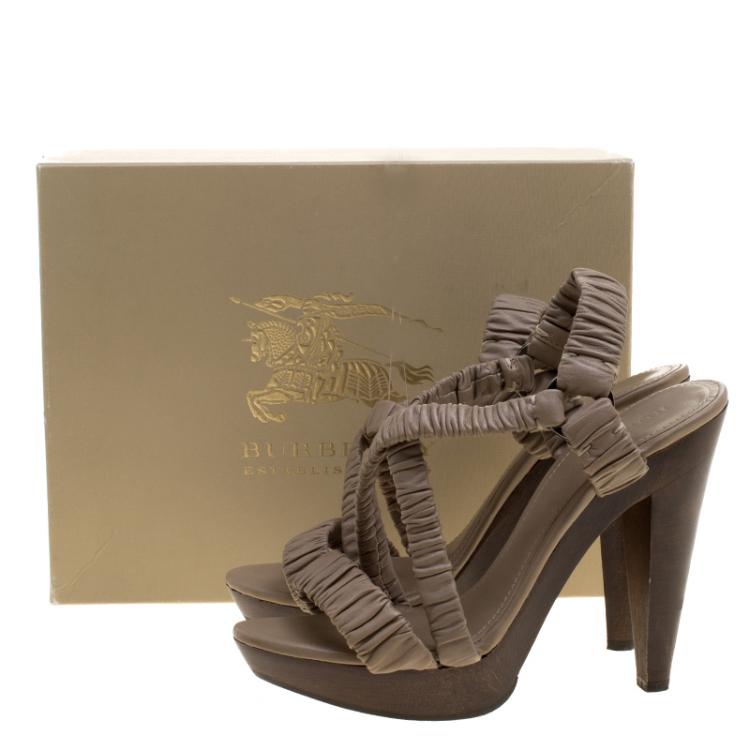 Pre Owned Burberry Beige Ruched Leather Cross Strap Platform Sandals Size 40.5