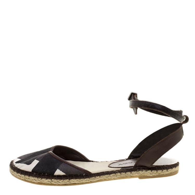 Pre Owned Burberry Tricolor Canvas And Leather Ankle Wrap Espadrille Flats Size 38