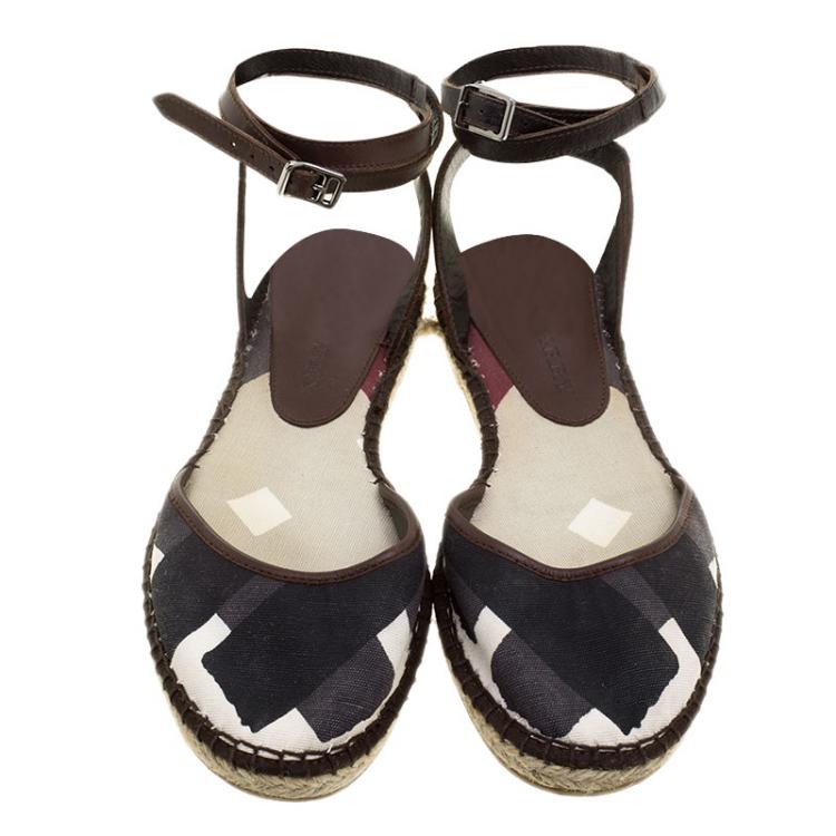 Pre Owned Burberry Tricolor Canvas And Leather Ankle Wrap Espadrille Flats Size 38