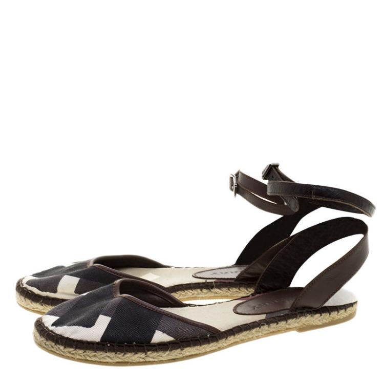 Pre Owned Burberry Tricolor Canvas And Leather Ankle Wrap Espadrille Flats Size 38