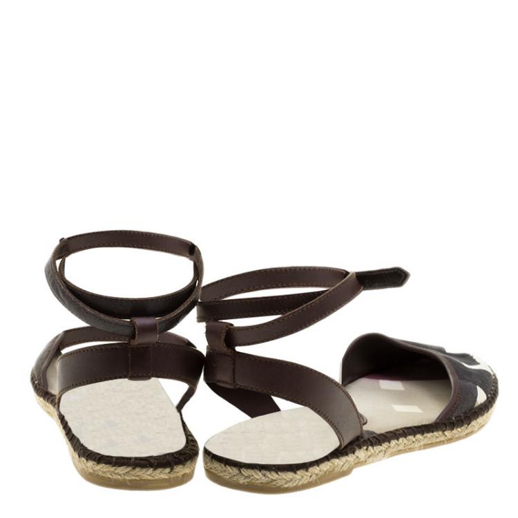 Pre Owned Burberry Tricolor Canvas And Leather Ankle Wrap Espadrille Flats Size 38