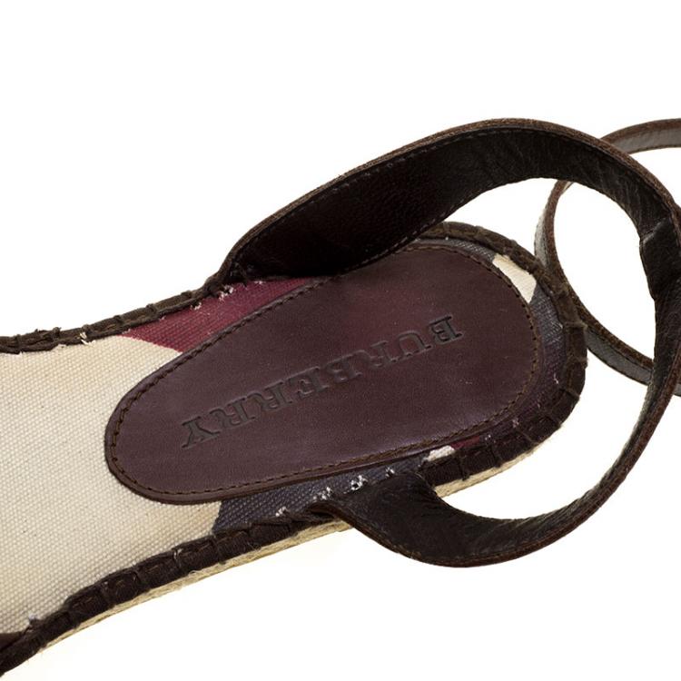 Pre Owned Burberry Tricolor Canvas And Leather Ankle Wrap Espadrille Flats Size 38
