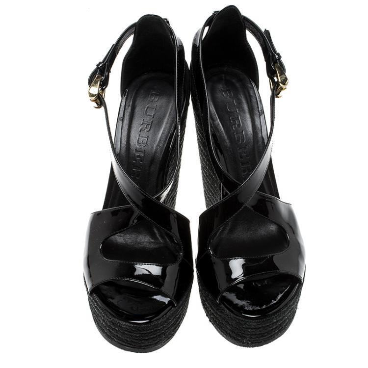 Pre Owned Burberry Black Patent Leather Abbott Wedge Espadrilles Sandals Size 36.5