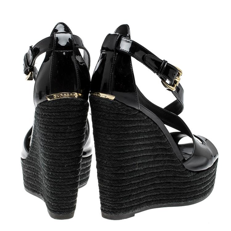 Pre Owned Burberry Black Patent Leather Abbott Wedge Espadrilles Sandals Size 36.5