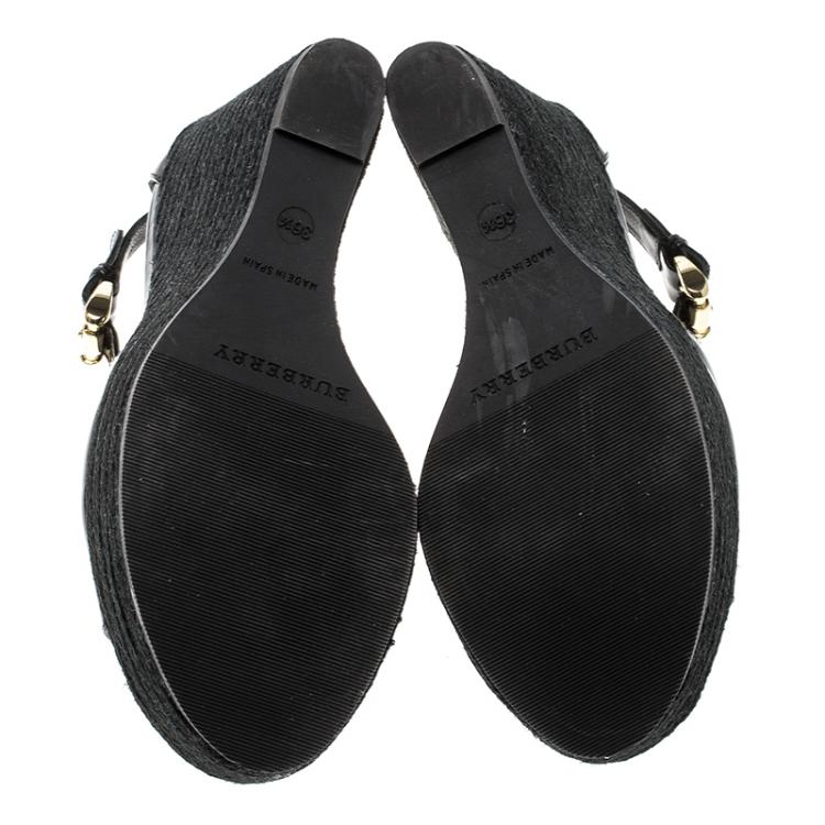 Pre Owned Burberry Black Patent Leather Abbott Wedge Espadrilles Sandals Size 36.5