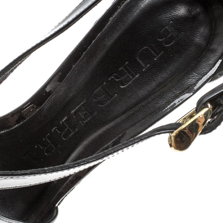 Pre Owned Burberry Black Patent Leather Abbott Wedge Espadrilles Sandals Size 36.5