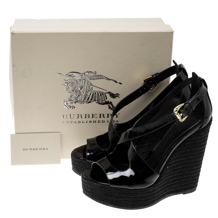 Pre Owned Burberry Black Patent Leather Abbott Wedge Espadrilles Sandals Size 36.5