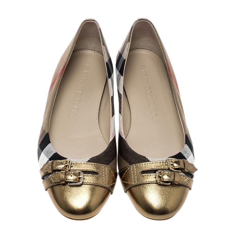 Pre Owned Burberry Beige/Gold House Check Fabric and Leather Bridle Avonwick Ballet Flats Size 40