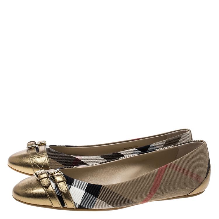 Pre Owned Burberry Beige/Gold House Check Fabric and Leather Bridle Avonwick Ballet Flats Size 40