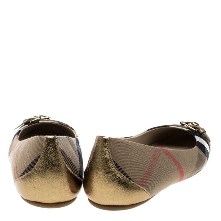 Pre Owned Burberry Beige/Gold House Check Fabric and Leather Bridle Avonwick Ballet Flats Size 40