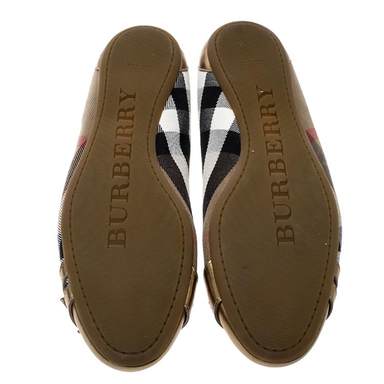 Pre Owned Burberry Beige/Gold House Check Fabric and Leather Bridle Avonwick Ballet Flats Size 40
