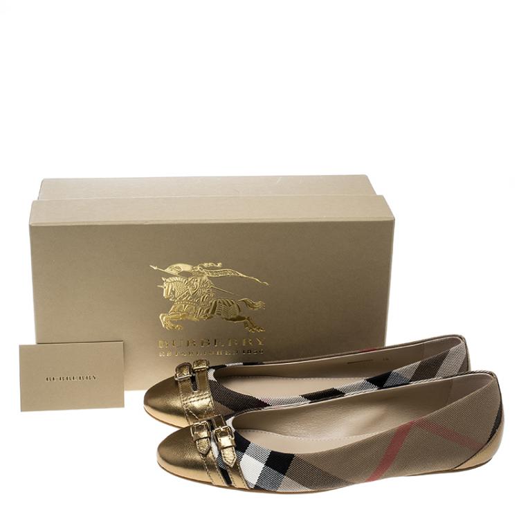 Pre Owned Burberry Beige/Gold House Check Fabric and Leather Bridle Avonwick Ballet Flats Size 40