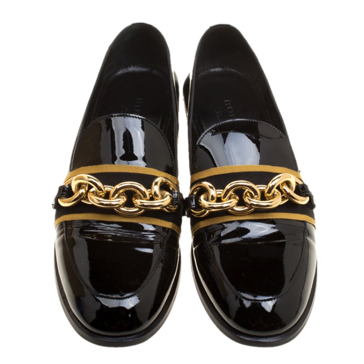 Pre Owned Burberry Black Patent Leather Chain Detail Loafers Size 38