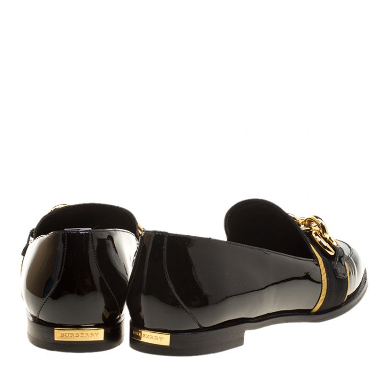 Pre Owned Burberry Black Patent Leather Chain Detail Loafers Size 38