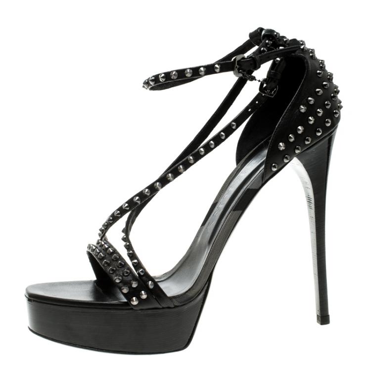 Pre Owned Burberry Black Leather Criss Cross Studded Platform Sandals Size 40