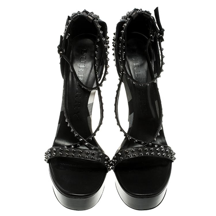 Pre Owned Burberry Black Leather Criss Cross Studded Platform Sandals Size 40
