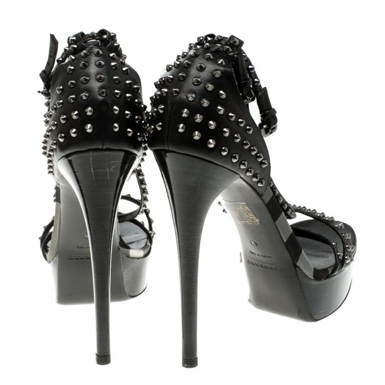 Pre Owned Burberry Black Leather Criss Cross Studded Platform Sandals Size 40