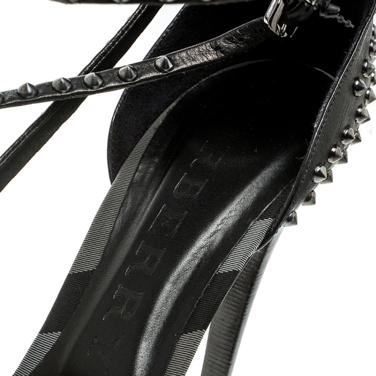 Pre Owned Burberry Black Leather Criss Cross Studded Platform Sandals Size 40