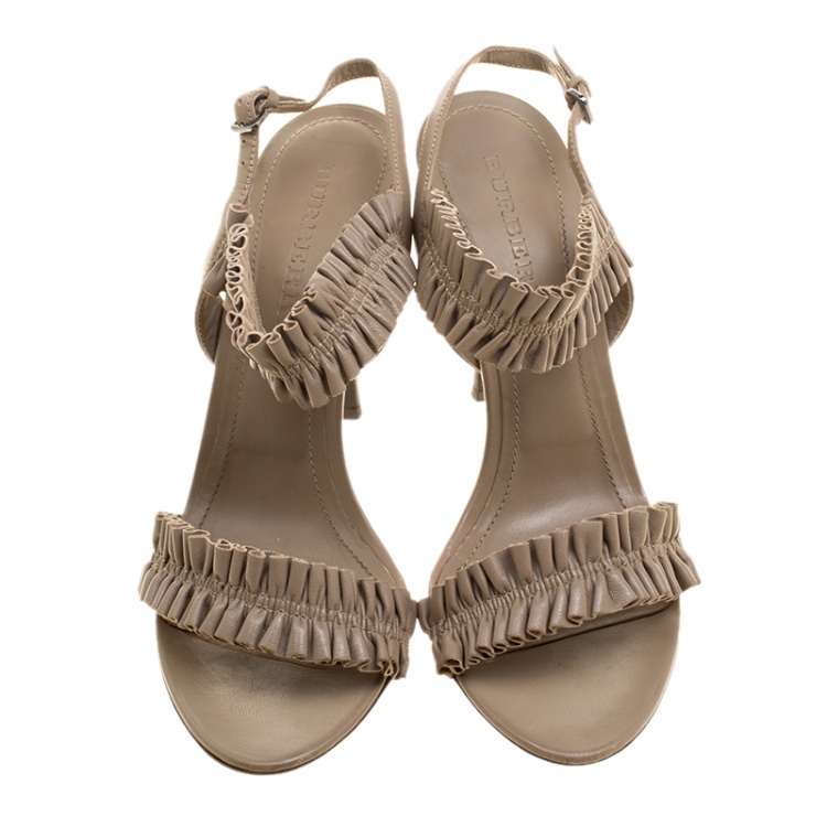 Pre Owned Burberry Taupe Leather Ruffle Slingback Sandals Size 39
