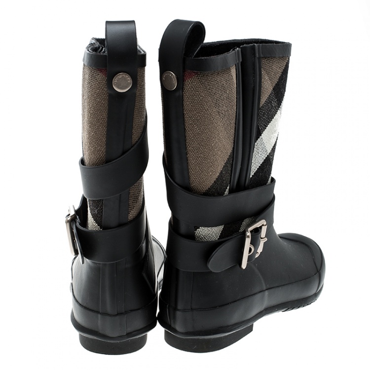 Pre Owned Burberry Black NovaCheck Detail Belted Rain Boots Size 35