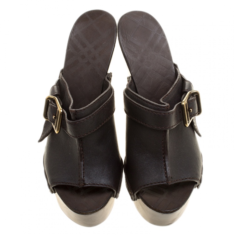 Pre Owned Burberry Dark Brown Leather Wooden Platform Peep Toe Slides Size 40