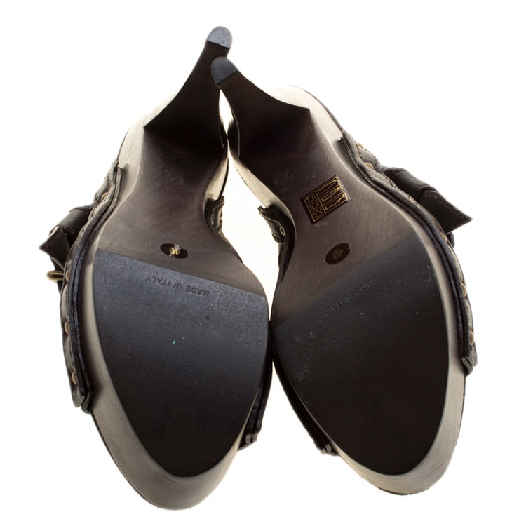 Pre Owned Burberry Dark Brown Leather Wooden Platform Peep Toe Slides Size 40