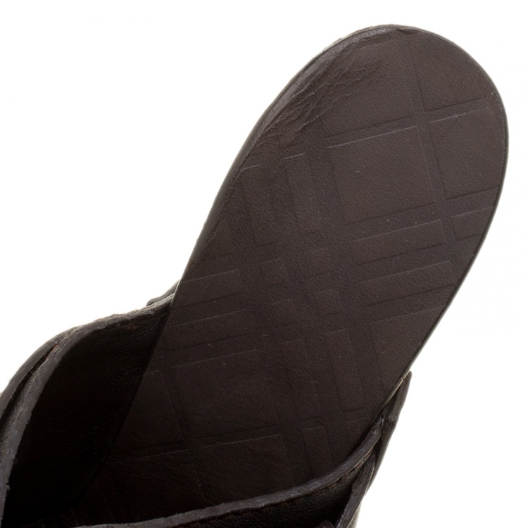 Pre Owned Burberry Dark Brown Leather Wooden Platform Peep Toe Slides Size 40