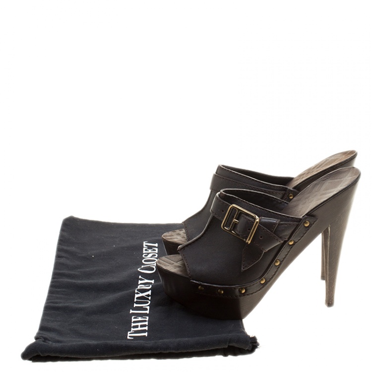 Pre Owned Burberry Dark Brown Leather Wooden Platform Peep Toe Slides Size 40