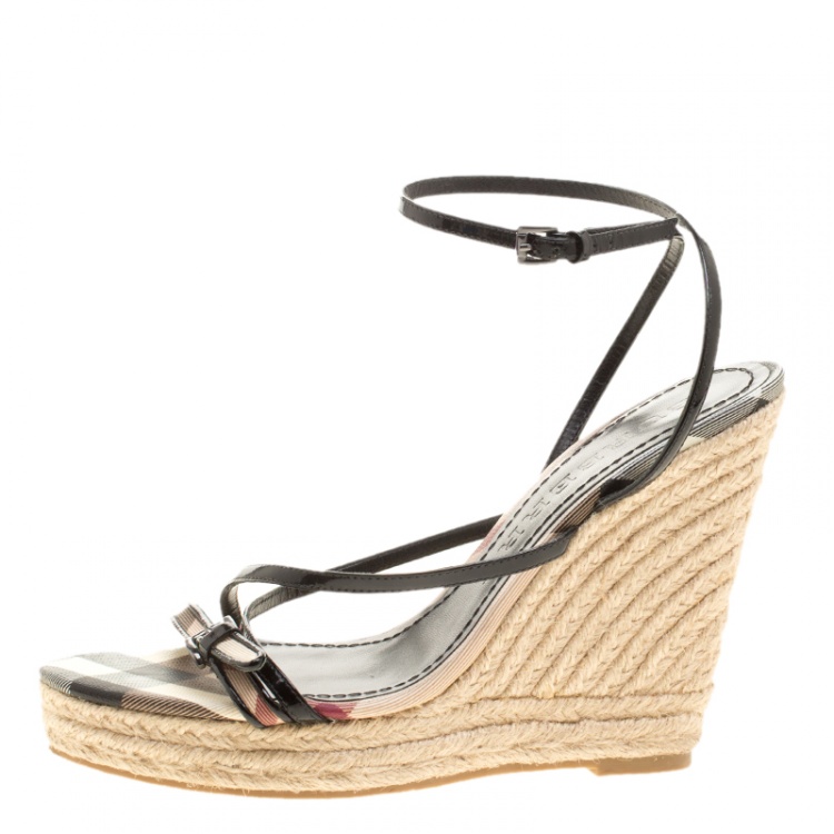 Pre Owned Burberry Black Leather Cross Strap Espadrille Wedge Sandals Size 39