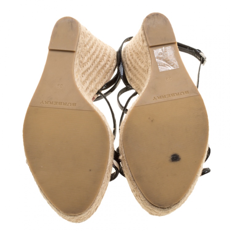 Pre Owned Burberry Black Leather Cross Strap Espadrille Wedge Sandals Size 39