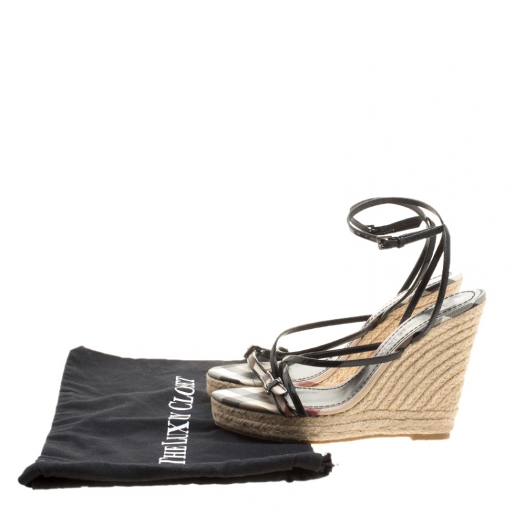 Pre Owned Burberry Black Leather Cross Strap Espadrille Wedge Sandals Size 39