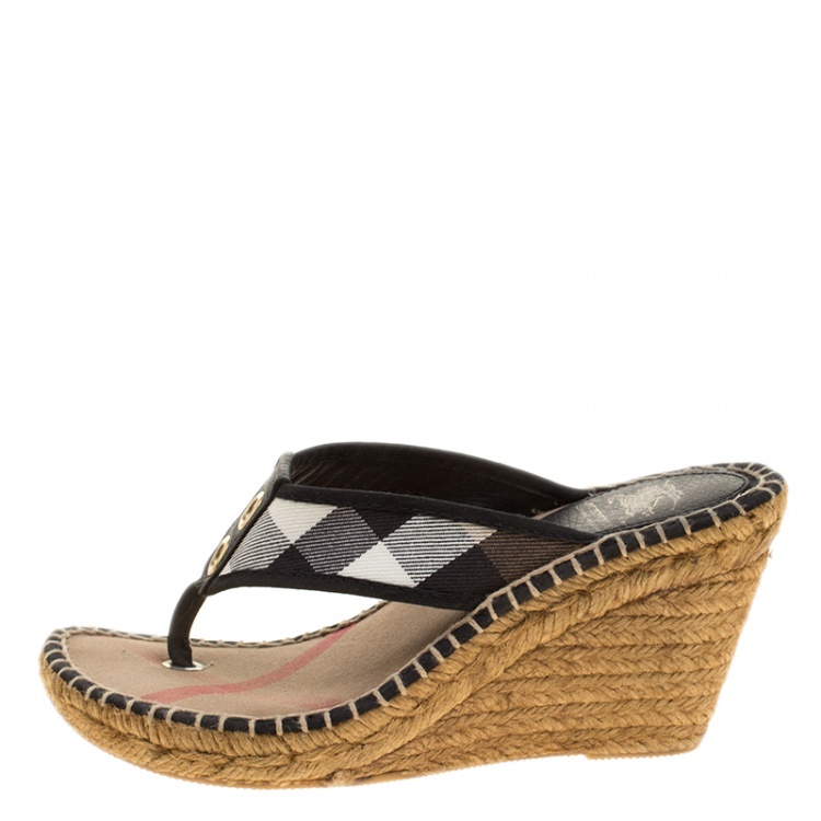 Pre Owned Burberry Black Novacheck Canvas Espadrille Thong Wedge Sandals Size 35