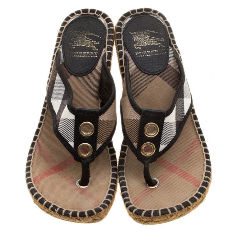 Pre Owned Burberry Black Novacheck Canvas Espadrille Thong Wedge Sandals Size 35