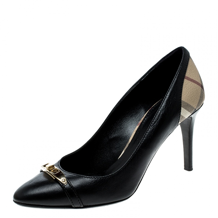 Pre Owned  Burberry Black Leather And Novacheck Canvas Balmore Pumps Size 38